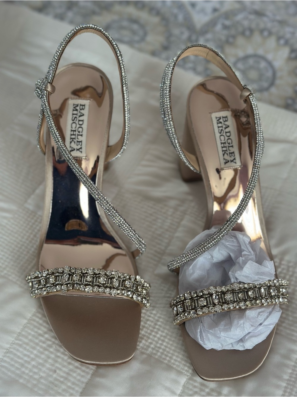 Badgley Mischka Rosegold Crystal-Strap Evening Heels